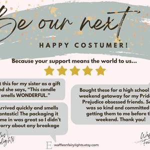 May include: A promotional graphic with the text "Be our next HAPPY COSTUMER!" and customer testimonials. The design features a light pink background with a teal and gold accent. The shop name "Waffles Fairylights" is also displayed.