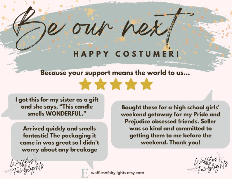 May include: A promotional graphic with the text "Be our next HAPPY COSTUMER!" and customer testimonials. The design features a light pink background with a teal and gold accent. The shop name "Waffles Fairylights" is also displayed.