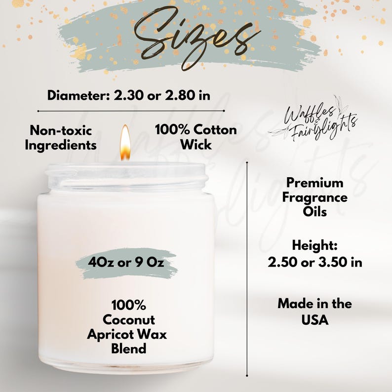 May include: A lit white candle in a clear glass jar. The candle is made with non-toxic ingredients, a 100% cotton wick, and a coconut apricot wax blend. The jar is labeled with "40oz or 9 Oz". The diameter is 2.30 or 2.80 inches, and the height is 2.50 or 3.50 inches. Made in the USA.