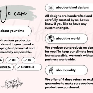 May include: A light pink graphic with the text "We care" in a cursive font. The image includes text about original designs, time, the world, and quality. It also lists USA, UK, EU, South Korea, and Australia.