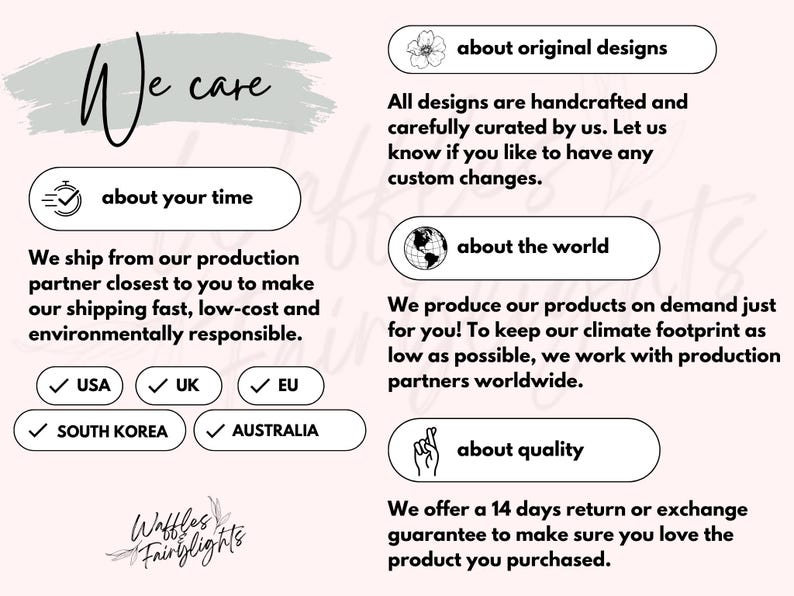 May include: A light pink graphic with the text "We care" in a cursive font. The image includes text about original designs, time, the world, and quality. It also lists USA, UK, EU, South Korea, and Australia.