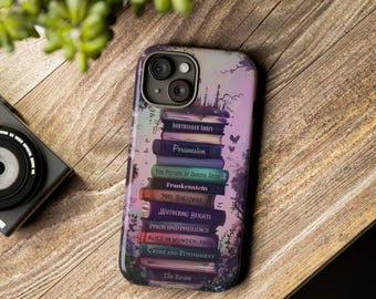 Personalized Favorite Book Phone case, Custom Bookshelf Dark Academia Bookish Phone Cover Purple IPhone 15 Pro Samsung Gift Romantasy Lover
