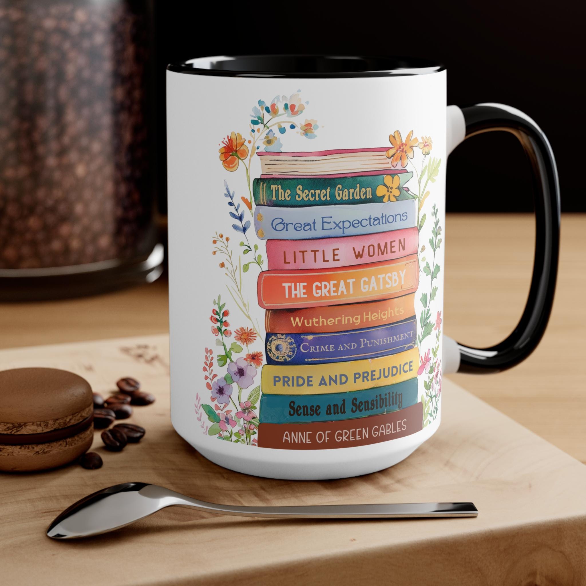 Custom Book Stack Floral Mug, Personalized Book Coffee Cup, Gift for ...