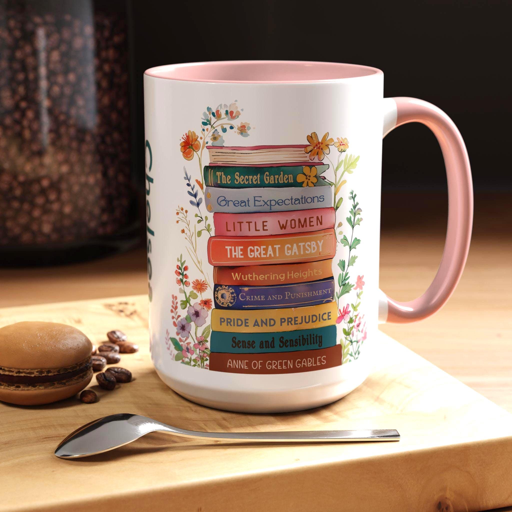 Custom Book Stack Floral Mug, Personalized Book Coffee Cup, Gift for ...