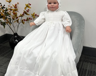 Vintage Hand Smocked Cotton Christening Gown with Bonnet