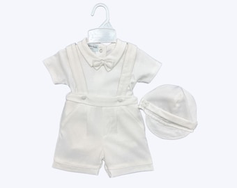 Off White Linen Blend Baby Suspender Outfit with Hat: Baptism, Ring Bearer