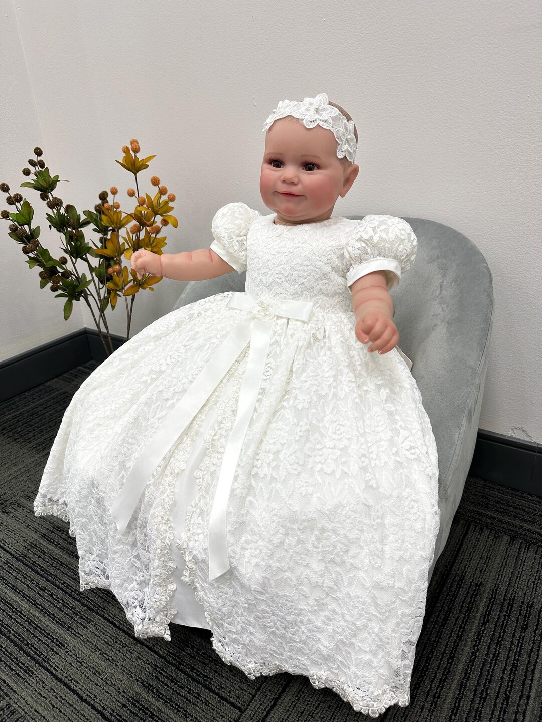 Cross Embroidered Christening Baby Gown with Matching Bonnet