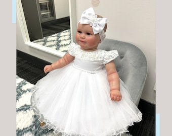 White Beaded Tulle Baby Dress for Baptism, Christening, or Flower Girl