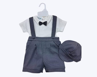 Charcoal Linen Baby Suspender Outfit: Ring Bearer Short Set with Hat