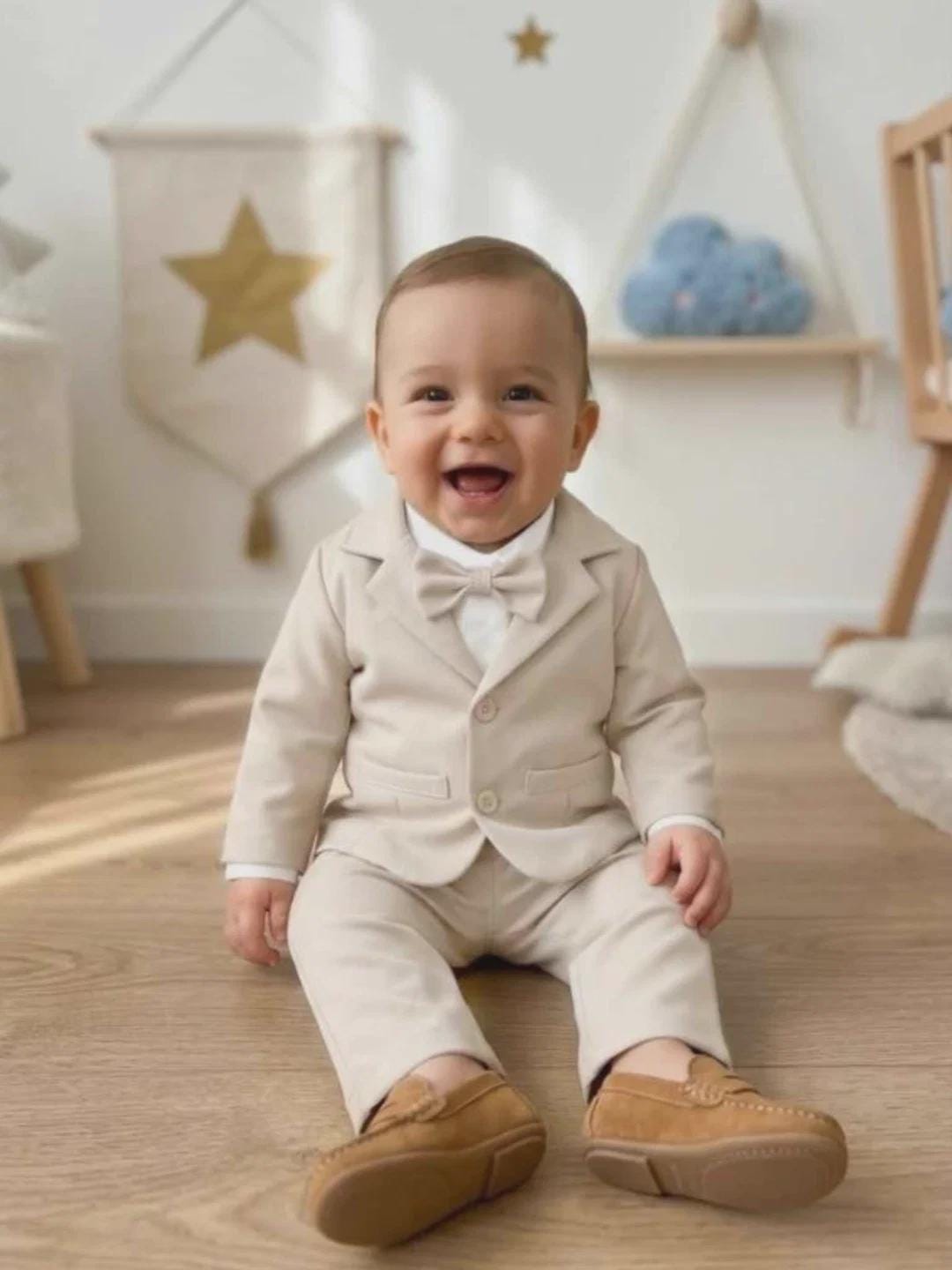 Baby Boys 4 Piece Beige Tuxedo Suit Set: Bodysuit, Jacket, Pants, Bowtie