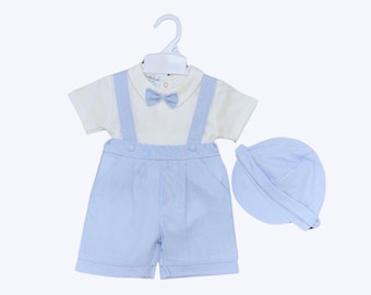 Baby Boy Linen Blend Suspender Outfit: Baptism, Ring Bearer Set with Hat