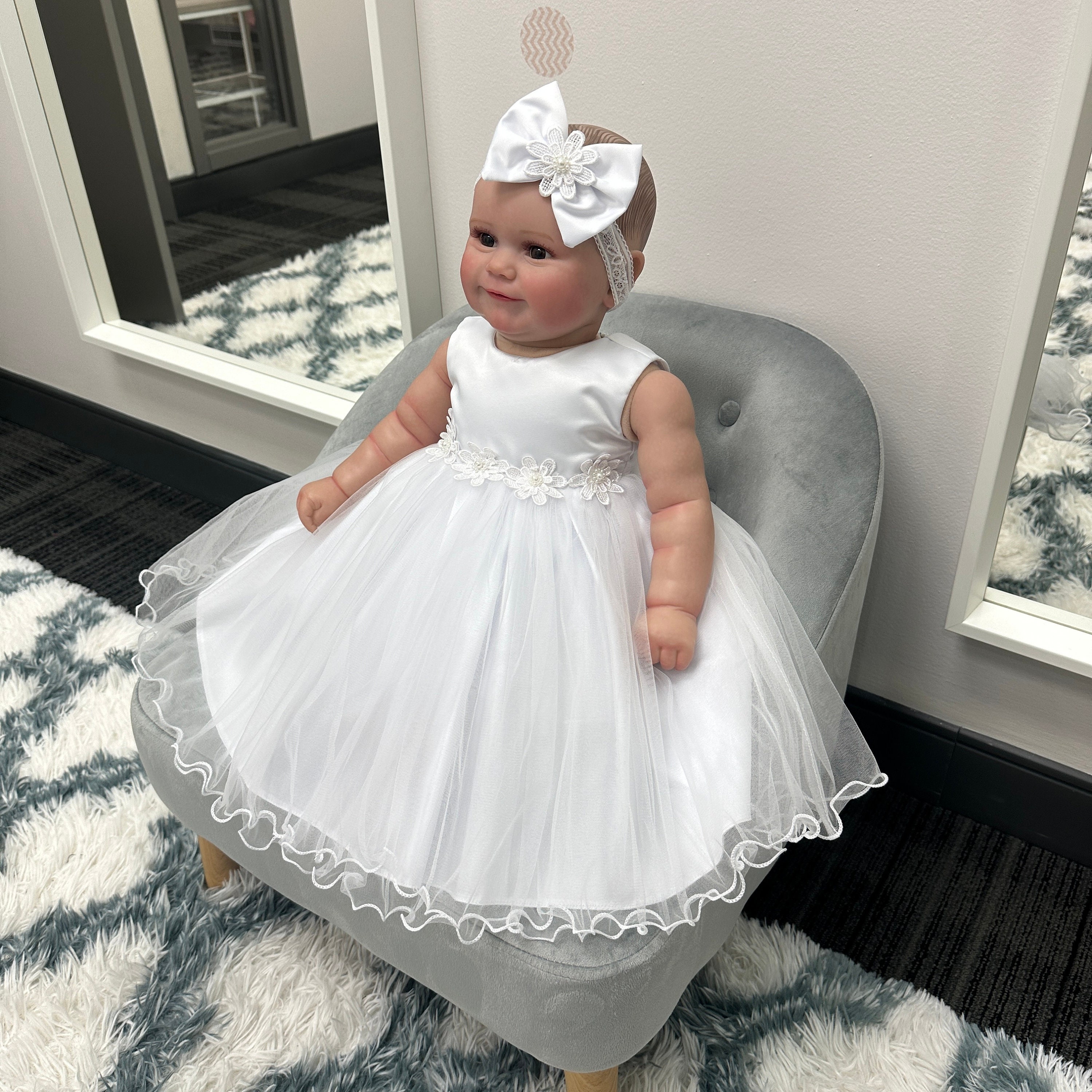 White Baby Girls Formal Dress Beaded Flower Tulle Skirt, Special Occasion Wear