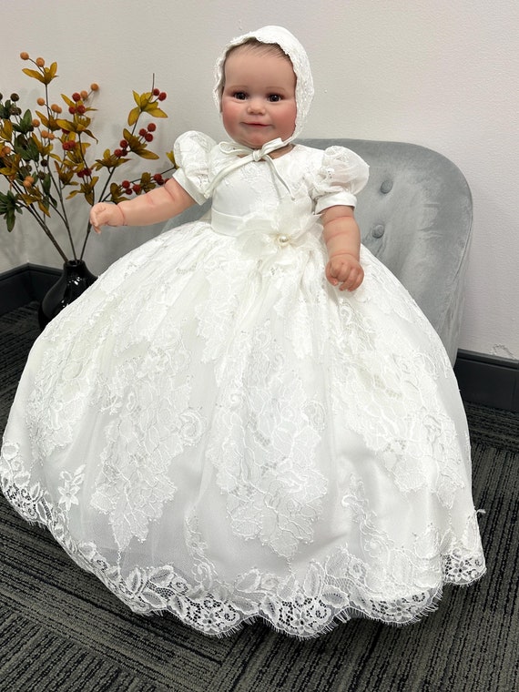 Off White Lace Christening Gown With Hat: Baby Baptism Dress - Etsy Off White Lace Christening Gown With Hat: Baby Baptism Dress - Etsy