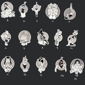 May include: A collection of fifteen black and white stickers featuring illustrations of figures in various poses. Each sticker is a circular design with a different illustration, set against a dark gray background.