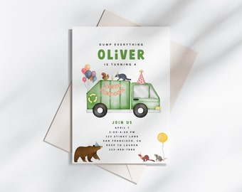 Trash Truck  Birthday Invitation | trash bash birthday invitation, garbage truck birthday, trash bash party, dump everything party