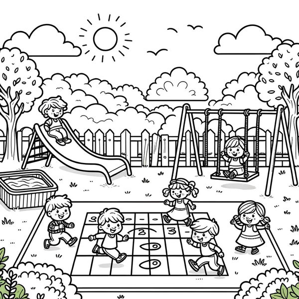 Fun and Simple Colouring Digital Prints for Kids: Beach, Playground, Farm, and Space Scenes - Set of 5 Printable Activity Sheets