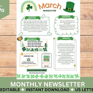 May include: A green and white printable March newsletter template with a shamrock design. The newsletter includes sections for birthdays, updates, reminders, and a message from the school. The text includes the words "March Newsletter", "Editable", "Instant Download", and "US Letter".