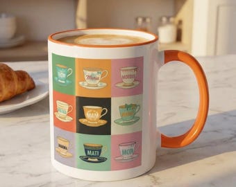 Multilingual Mom Coffee Mug: Vintage Teacup Grid Design, Mother's Day Gift