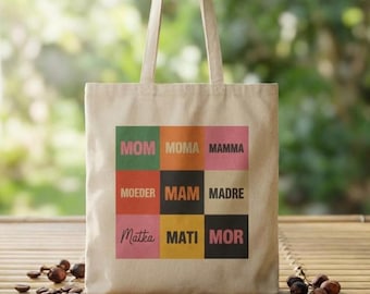 Multilingual Mom Tote Bag: Retro Text Grid Canvas Market Bag