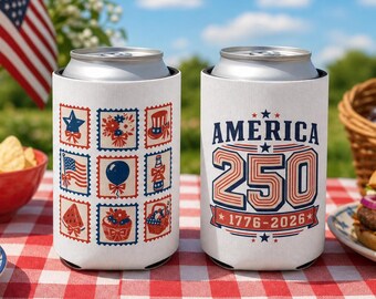 4th of July Can Cooler | America 250th Anniversary | Retro Patriotic Koozie | BBQ Summer Party Gift