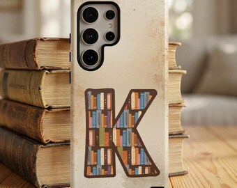 Personalized Bookcase Initial Phone Case – Vintage Bookshelf Monogram Accessory