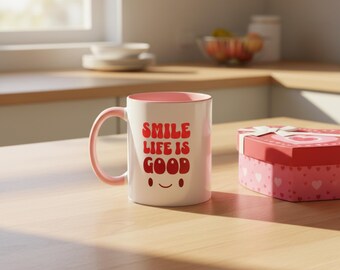Life Is Good Smiley Face Coffee Mug Red Interior Pink Ceramic Cup Positive Vibes Gift Cute Happy Kitchen Drinkware