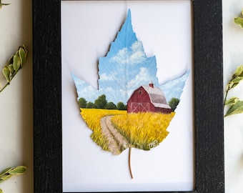Real Painted Leaf, Hand-Painted Acrylic on Preserved Maple Leaf, Framed Landscape "Autumnal Fields," Unique Wall Decor, Nature Lover Gift