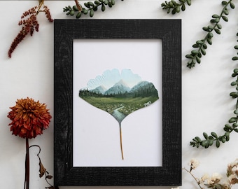 Real Painted Leaf, Hand-Painted Acrylic on Preserved Ginkgo Leaf, Framed Landscape “Tranquility of the Valley" Unique Wall Decor