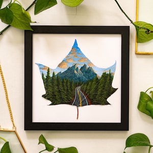 Real Leaf Acrylic Painting, Nature-Inspired Art, Framed “Mountain Calling” Painting on Preserved Sycamore Leaf, Unique Gift, 8 Inches Framed