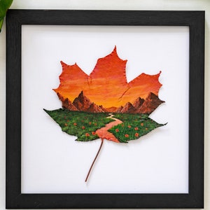 Nature-Inspired Acrylic Painting, Original Art, Framed “Mountains on Fire” on Preserved Maple Leaf, Unique Gift, Home Decor