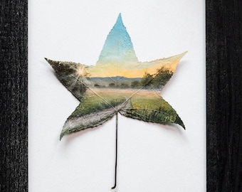 Real Painted Leaf, Hand-Painted Acrylic on Preserved Sweetgum Leaf, Framed Landscape "Shining on the Field" Unique Wall Decor Nature Lover