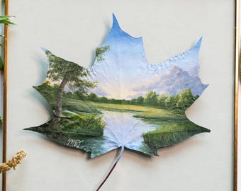 Acrylic Painting, Original Nature-Inspired Art, Framed “Peace on the Water” Painting on Preserved Maple Leaf, Unique Gift, Home Decor