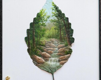 Real Leaf Acrylic Painting, Original Nature-Inspired Framed “A Flowing Stream” Painting on Preserved Beech Leaf, Home Decor