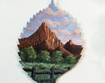 Real Painted Leaf, Hand-Painted Acrylic Painting on Preserved Elm Leaf, Framed Landscape “Zion’s Glow”, Unique Gift, Fully Sealed!