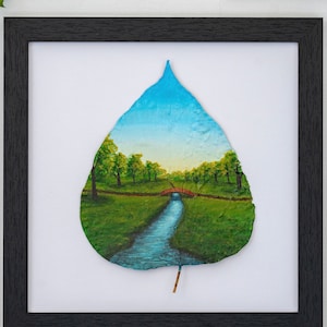 Real Leaf Acrylic Painting, Nature-Inspired Art, Framed “Over the River” Painting on Preserved Catalpa Leaf, Unique Gift Home Decor