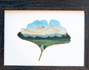 Nature-Inspired Acrylic Painting, Original Artwork, Framed “Where the Road Leads” Painting on Preserved Ginkgo Leaf, Unique Gift, Home Decor