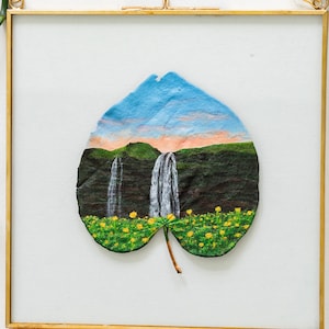 Real Leaf Acrylic Painting, Nature-Inspired Art, Framed “Seljalandsfoss at Sunset” Painting on Preserved Redbud Leaf, Unique Gift Home Decor