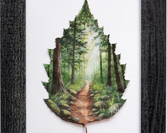Nature-Inspired Acrylic Painting, Original Artwork, Framed “Path to the Light” Painting on Preserved Birch Leaf, Unique Gift, Home Decor