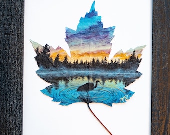 Real Painted Leaf, Hand-Painted Acrylic on Preserved Maple Leaf, Framed Landscape "The Heron’s Rest," Unique Wall Decor, Nature Lover Gift