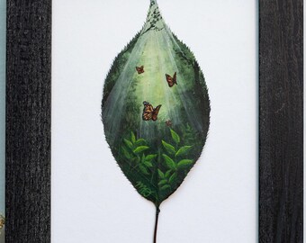 Nature-Inspired Acrylic Painting, Original Artwork, Framed “Butterfly’s Flight” Painting on Preserved Beech Leaf, Unique Gift, Home Decor