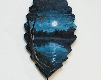 Nature-Inspired Acrylic Painting, Original Art, Framed “Lunar Lake” on Preserved Oak Leaf, Unique Gift, Nature Decor