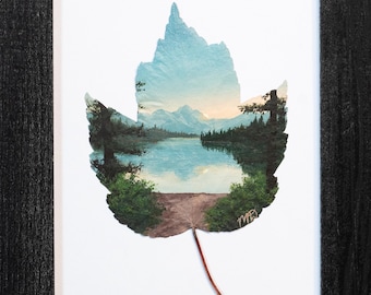 Real Painted Leaf, Hand-Painted Acrylic on Preserved Maple Leaf, Framed Landscape "Down to the Water," Unique Wall Decor, Nature Lover Gift