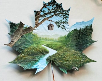 Acrylic Painting, Original Nature-Inspired Art, Framed “The Birdhouse” Painting on Preserved Maple Leaf, Unique Gift, Home Decor