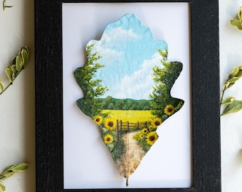 Nature-Inspired Acrylic Painting, Original Art, Framed “Walking With Sunflowers” on Preserved Oak Leaf, Unique Gift, Nature Decor