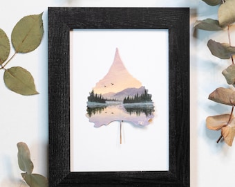 Real Painted Leaf, Hand-Painted Acrylic on Preserved Cottonwood Leaf, Framed Landscape “Eatly Morning Flight," Unique Wall Decor