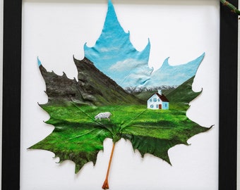Dipinto acrilico con foglia vera, arte ispirata alla natura, dipinto "Colline islandesi" incorniciato su foglia di sicomoro conservata, regalo unico, 8 pollici incorniciato