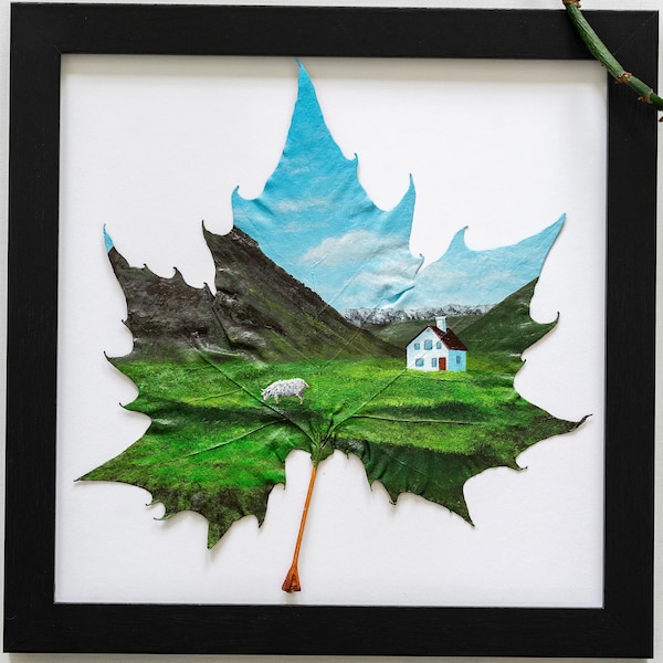 Real Leaf Acrylic Painting, Nature-Inspired Art, Framed “Icelandic Hills” Painting on Preserved Sycamore Leaf, Unique Gift, 8 Inches Framed