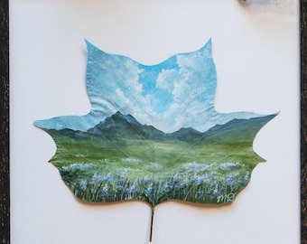 Nature-Inspired Acrylic Painting, Original Art, Framed “Fields of Violet” on Preserved Tulip Tree Leaf, Unique Gift, Magical Home Decor