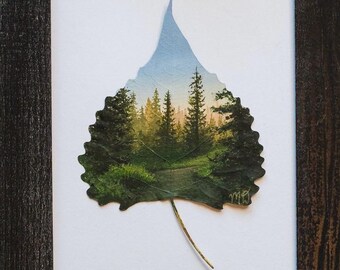 Real Painted Leaf, Hand-Painted Acrylic on Preserved Cottonwood Leaf, Framed Landscape “Summer’s Glow," Unique Wall Decor