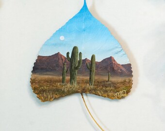 Original Nature-Inspired Acrylic Painting, Framed “With the Saguaros" Painting on a Preserved Cottonwood Leaf, Unique Gift